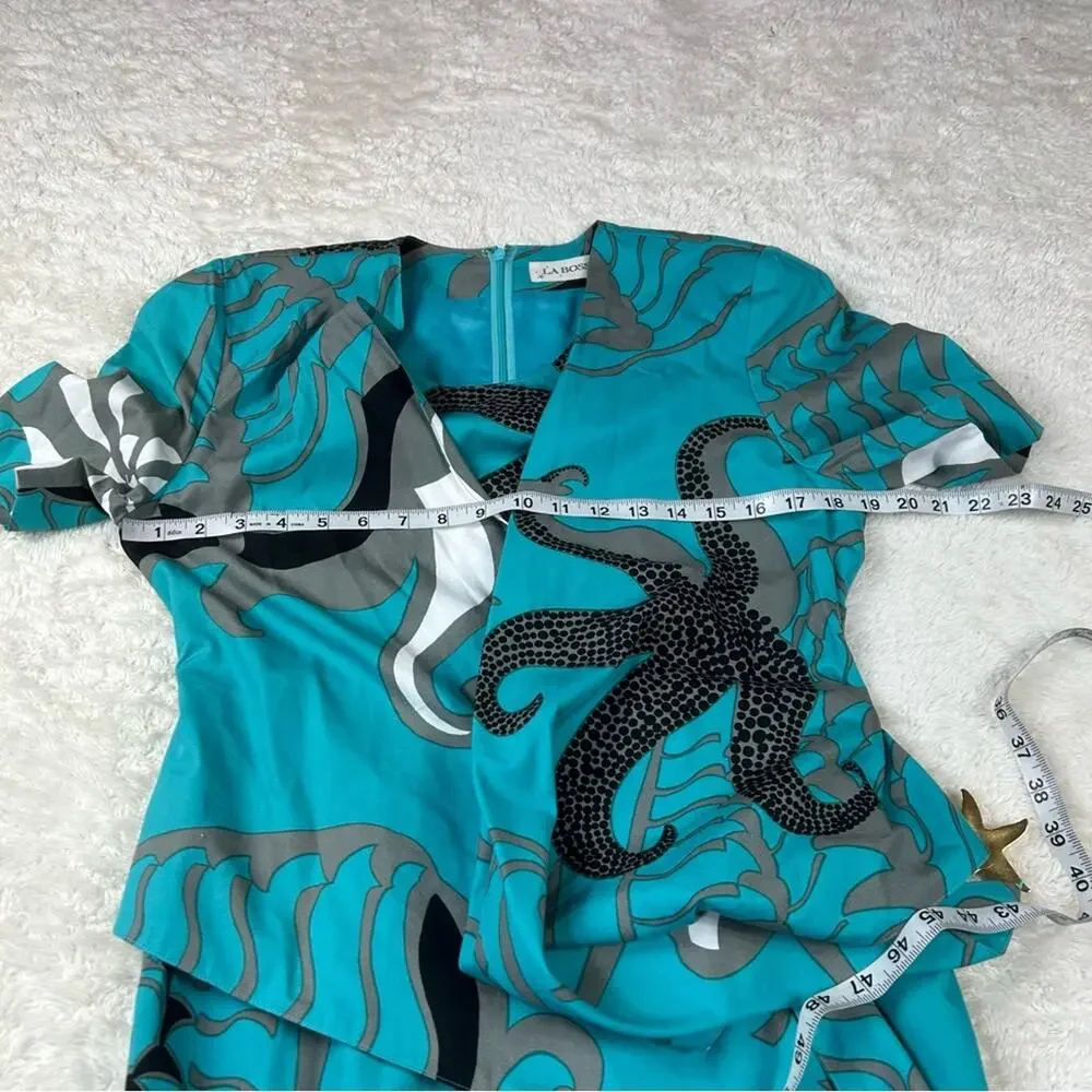 Vintage 80s La Bossa octopus and starfish blue & grey midi dress, size 36 or XS